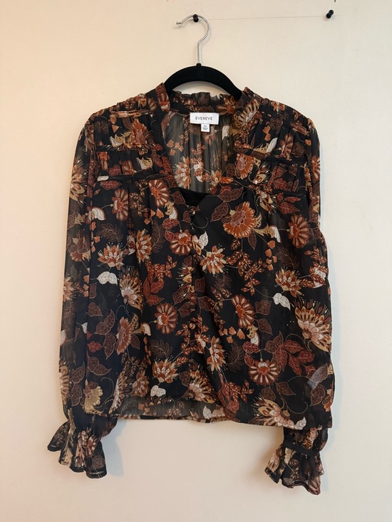 Evereve Tops - Evereve Black Floral Ruffle Neck Blouse with Brown & Cream Blooms